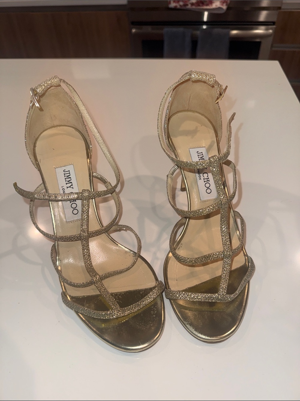 Jimmy Choo Gold Glitter Strappy High-Heel Sandals